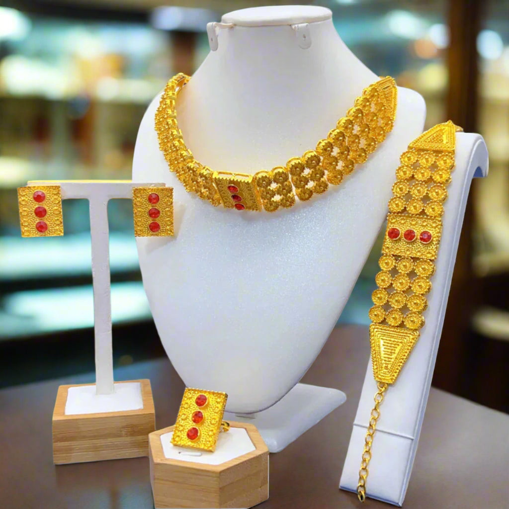 Gold-plated Eritrean Msgnet jewelry set with red crystals – full 4-piece traditional set