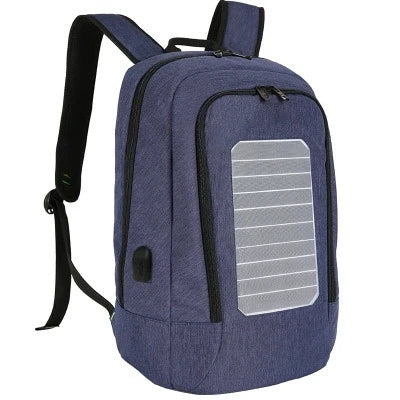 front view of waterproof solar laptop backpack with solar panel Blue