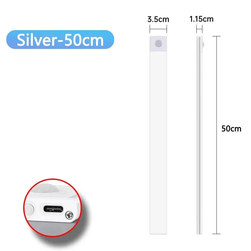 Measurement chart of a silver product with dimensions and USB port details.