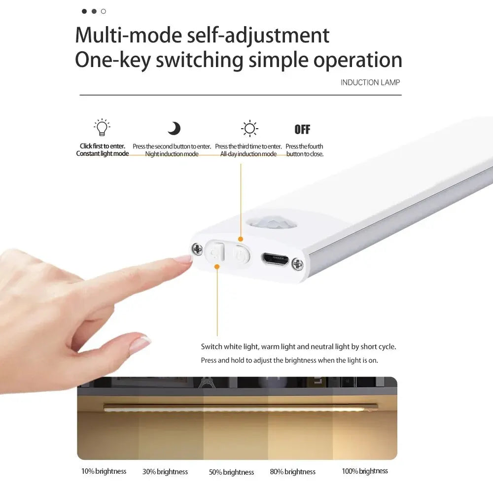 Multi mode Slim aluminum LED wardrobe lamp rechargeable with sensor switching operation