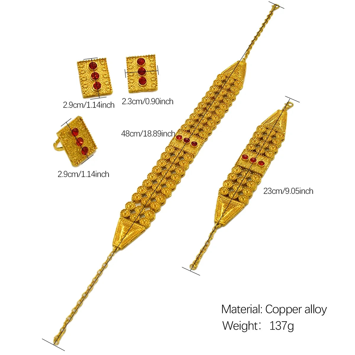 Size Gold-plated Eritrean Msgnet Set jewelry with red crystals large sigle view– traditional jewelry