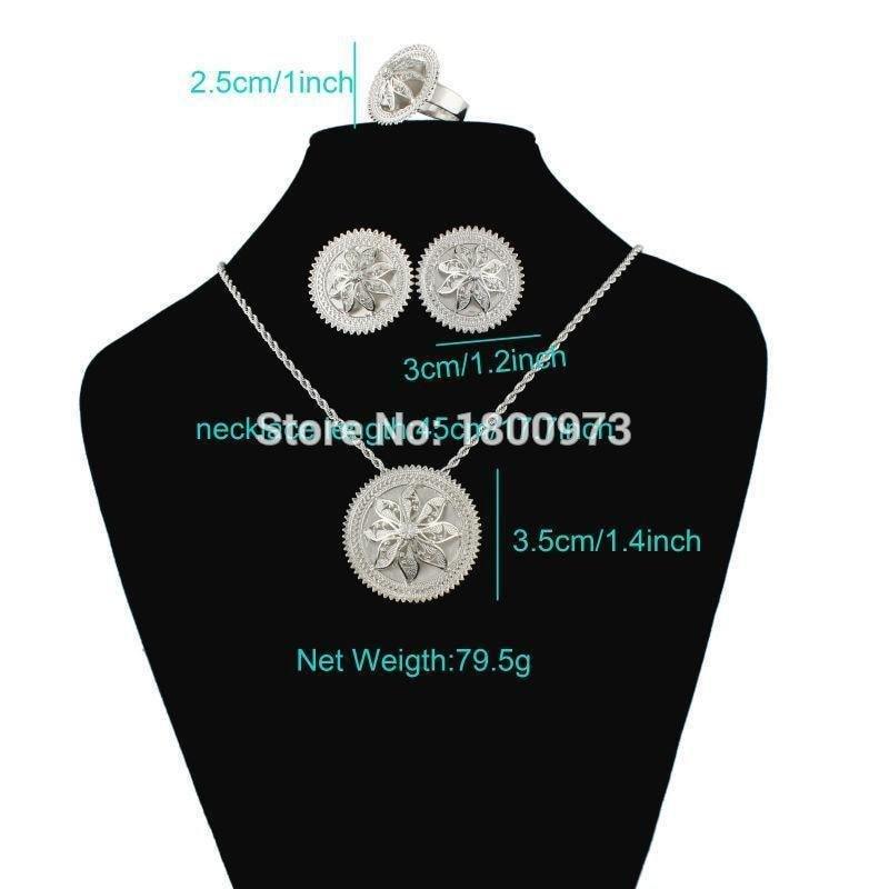 Ethiopian Crystal Pendant/Earrings/Ring/Necklace Jewelry Silver Plated Habesha Jewelry African 4PCS Wedding Jewelry Sets - Natna Shop