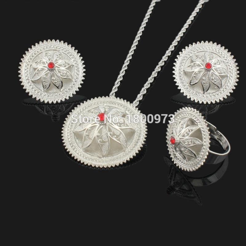 Ethiopian Crystal Pendant/Earrings/Ring/Necklace Jewelry Silver Plated Habesha Jewelry African 4PCS Wedding Jewelry Sets - Natna Shop
