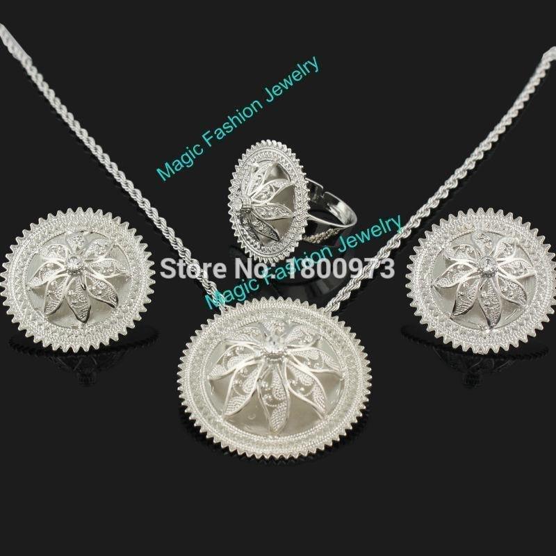 Ethiopian Crystal Pendant/Earrings/Ring/Necklace Jewelry Silver Plated Habesha Jewelry African 4PCS Wedding Jewelry Sets - Natna Shop