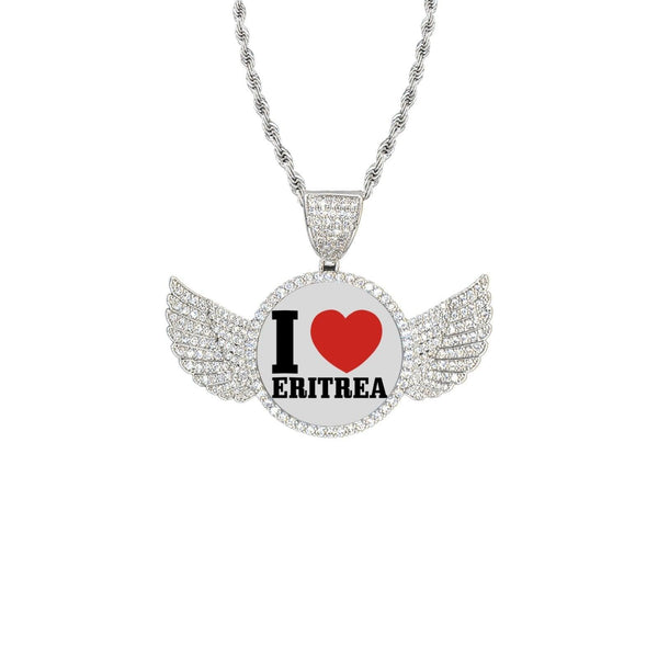 I Love Eritrea Wings Silver Pendant with Rope Chain