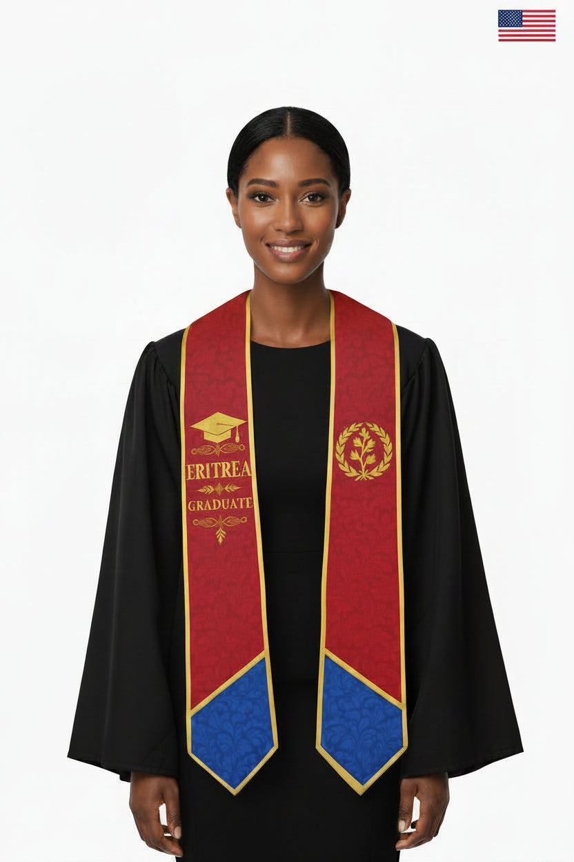 Eritrean graduation stole worn with black graduation gown