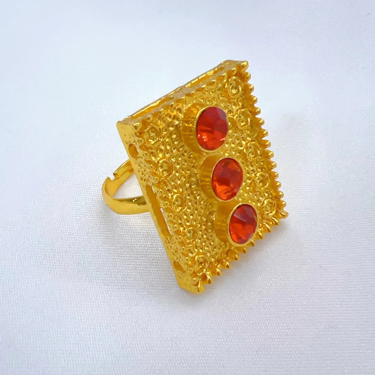 Gold-plated Eritrean Earring jewelry with red crystals  large sigle view– traditional jewelr