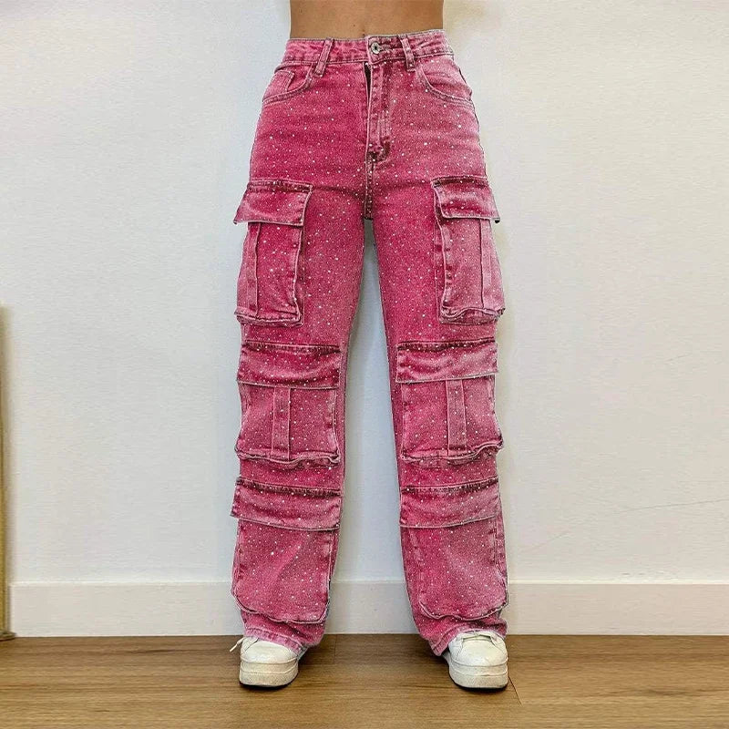 Glitzernde High-Waist-Rhinestone-Jeans für Damen