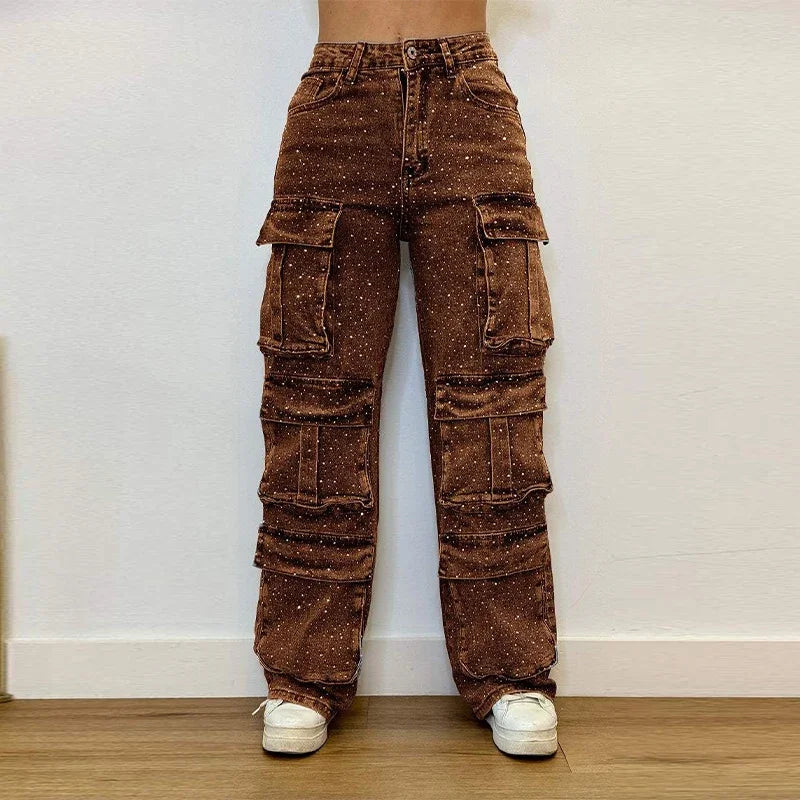 Glitzernde High-Waist-Rhinestone-Jeans für Damen