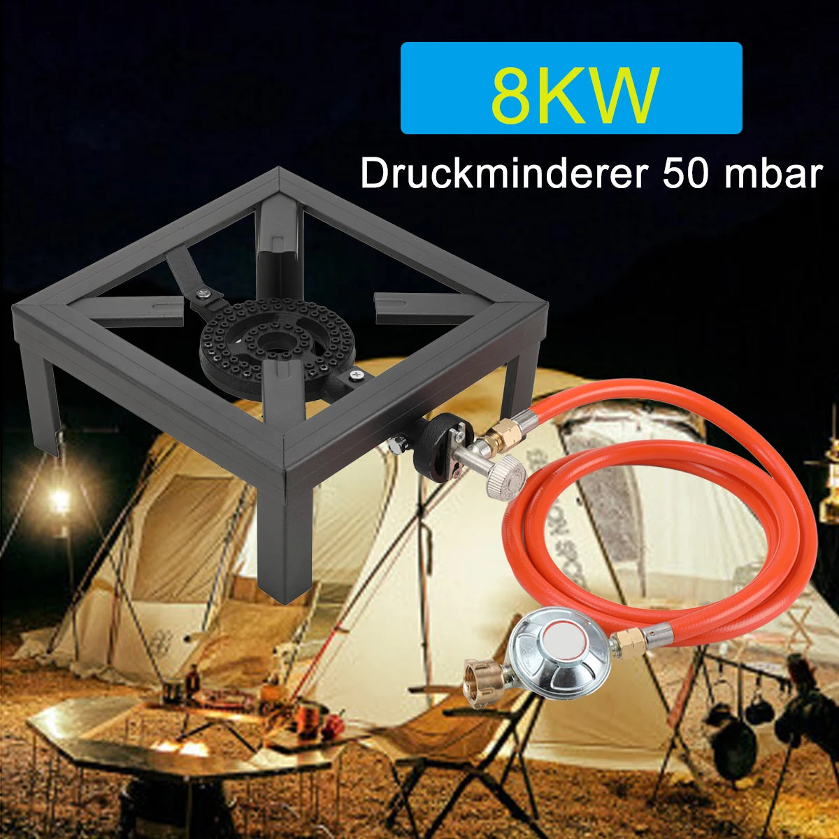 Camping stove with gas hose on a camping scene background