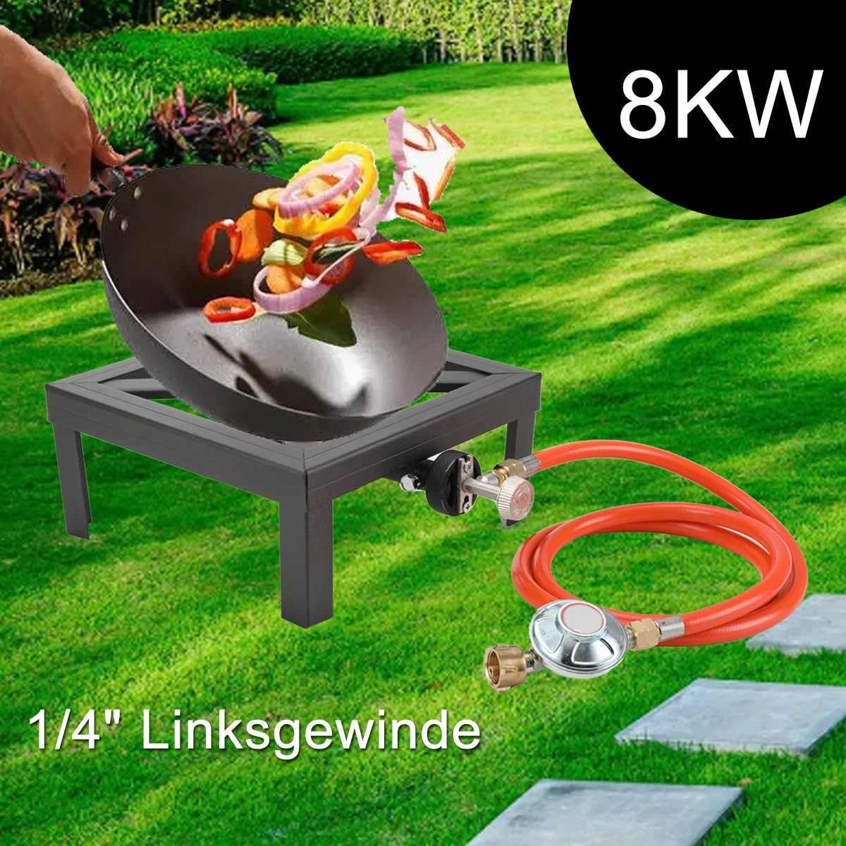 Portable gas stove with a frying pan on a grassy outdoor setting, showing '8KW' and '1/4" Linksgewinde' text.