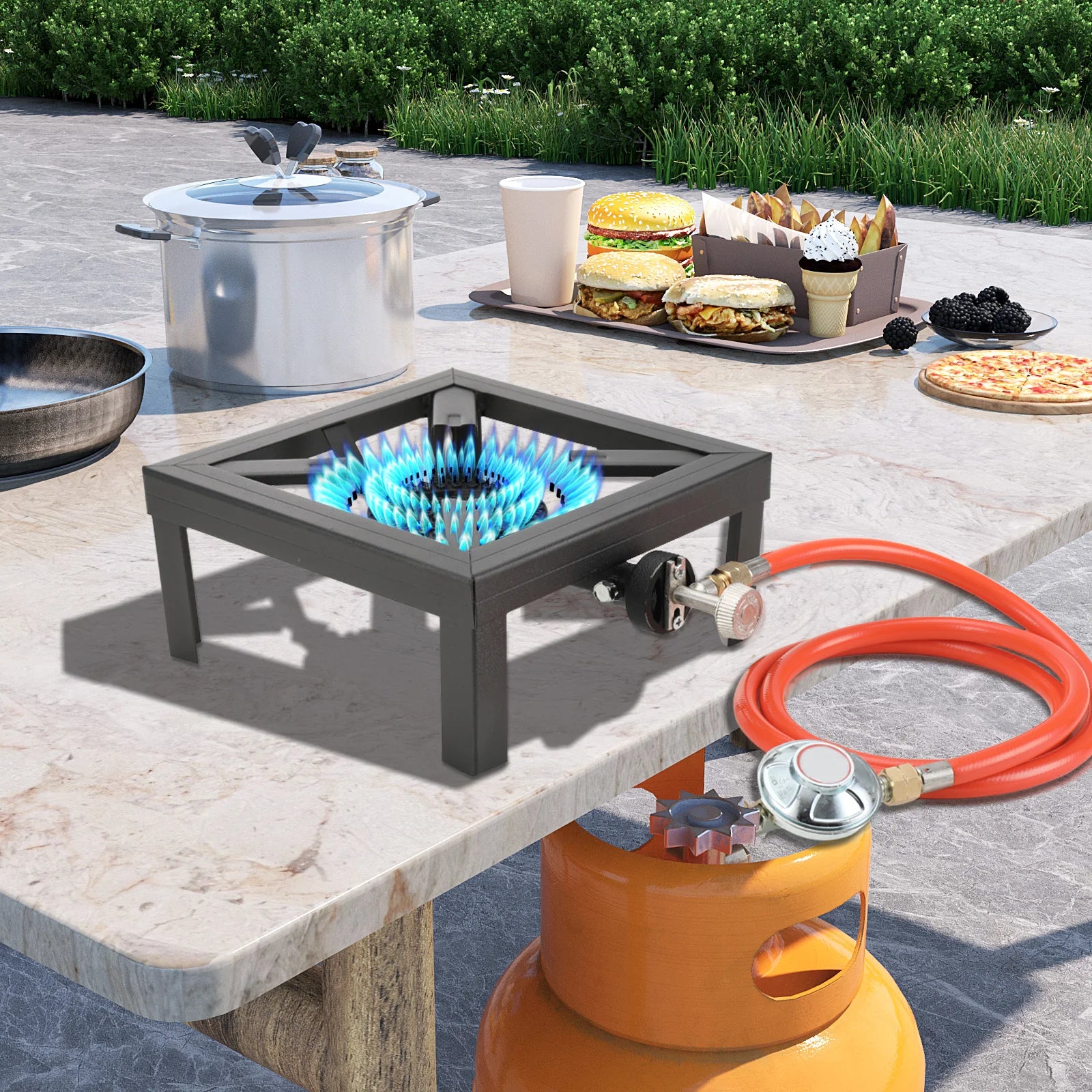 “Outdoor Gas Stove with Hose and Pressure Control”