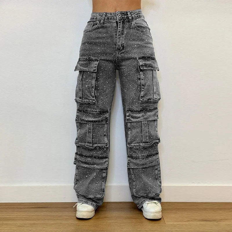 Glitzernde High-Waist-Rhinestone-Jeans für Damen