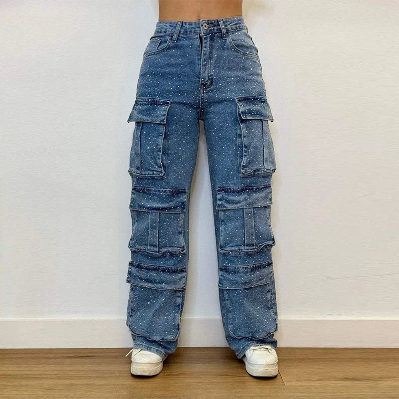 Glitzernde High-Waist-Rhinestone-Jeans für Damen