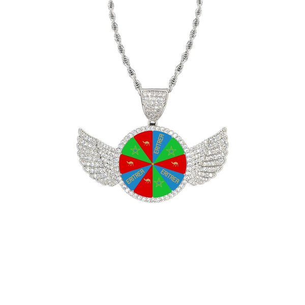 Eritrean Flag Jewellery Wings Silver Pendant with Rope Chain