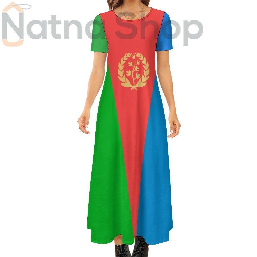 Eritrean Flag Round neck short sleeve dress Short Sleeve Round-Neck Long Dress - Natna Shop