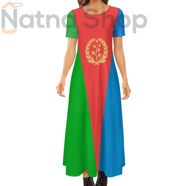 Eritrean Flag Round neck short sleeve dress Short Sleeve Round-Neck Long Dress