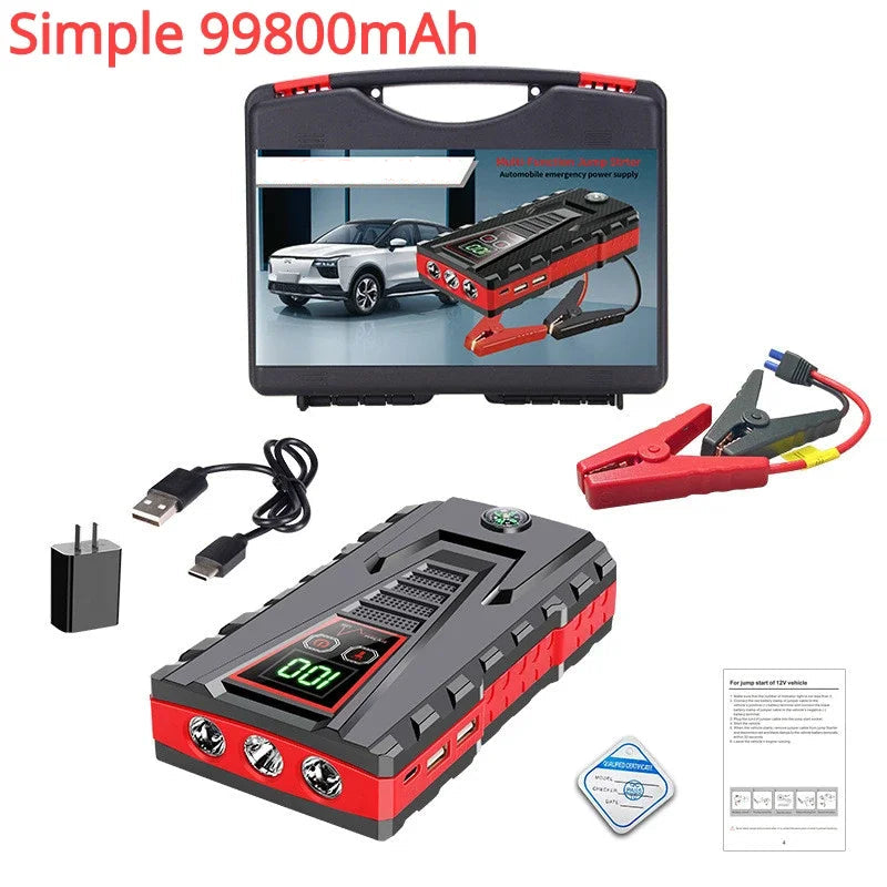 Car jump starter with display, clamps, and charging cable on a white background