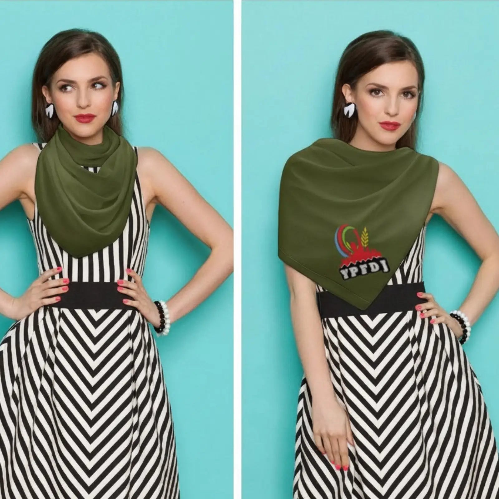 Army green square silk scarf styled elegantly for women