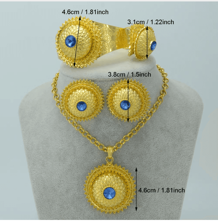 Set Gold Color Blue Stone Necklace Earrings Bangle Ring Eritrea Wedding Habesha Jewelry #001715 - Natna Shop