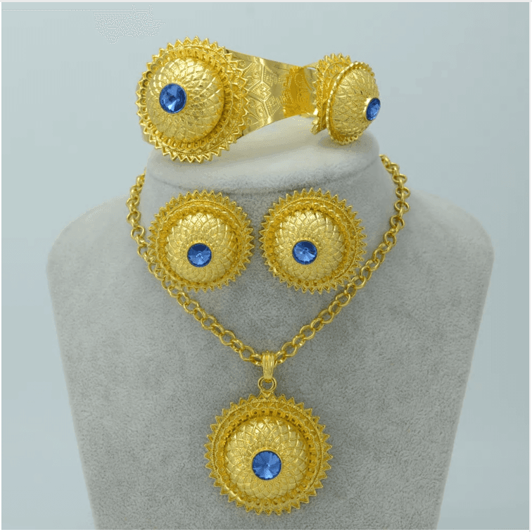 Set Gold Color Blue Stone Necklace Earrings Bangle Ring Eritrea Wedding Habesha Jewelry #001715 - Natna Shop