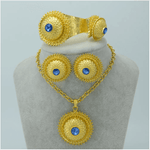 Set Gold Color Blue Stone Necklace Earrings Bangle Ring Eritrea Wedding Habesha Jewelry #001715 - Natna Shop