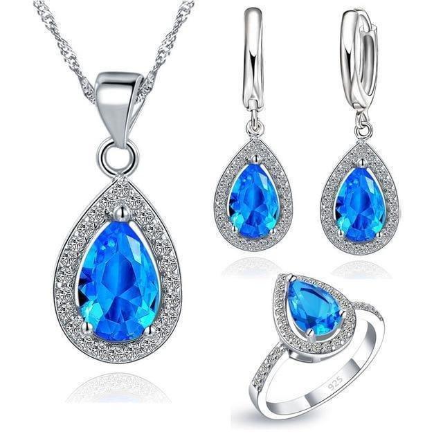 Purple Jewelry Sets Water Drop Cubic Zirconia CZ Stone 925 Sterling Silver Earrings Necklaces Finger Rings - Natna Shop