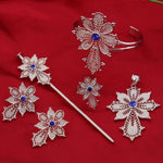 Ethiopian Chain Cross Silver Blue Red Stone Jewellry Set With Hairpin White Gold Color Habesha Jewelry Sets - Natna Shop
