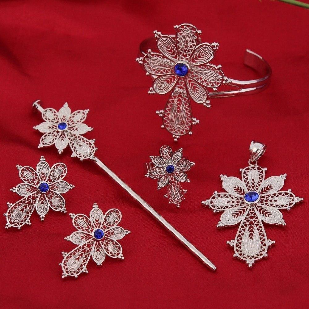 Ethiopian Chain Cross Silver Blue Red Stone Jewellry Set With Hairpin White Gold Color Habesha Jewelry Sets - Natna Shop