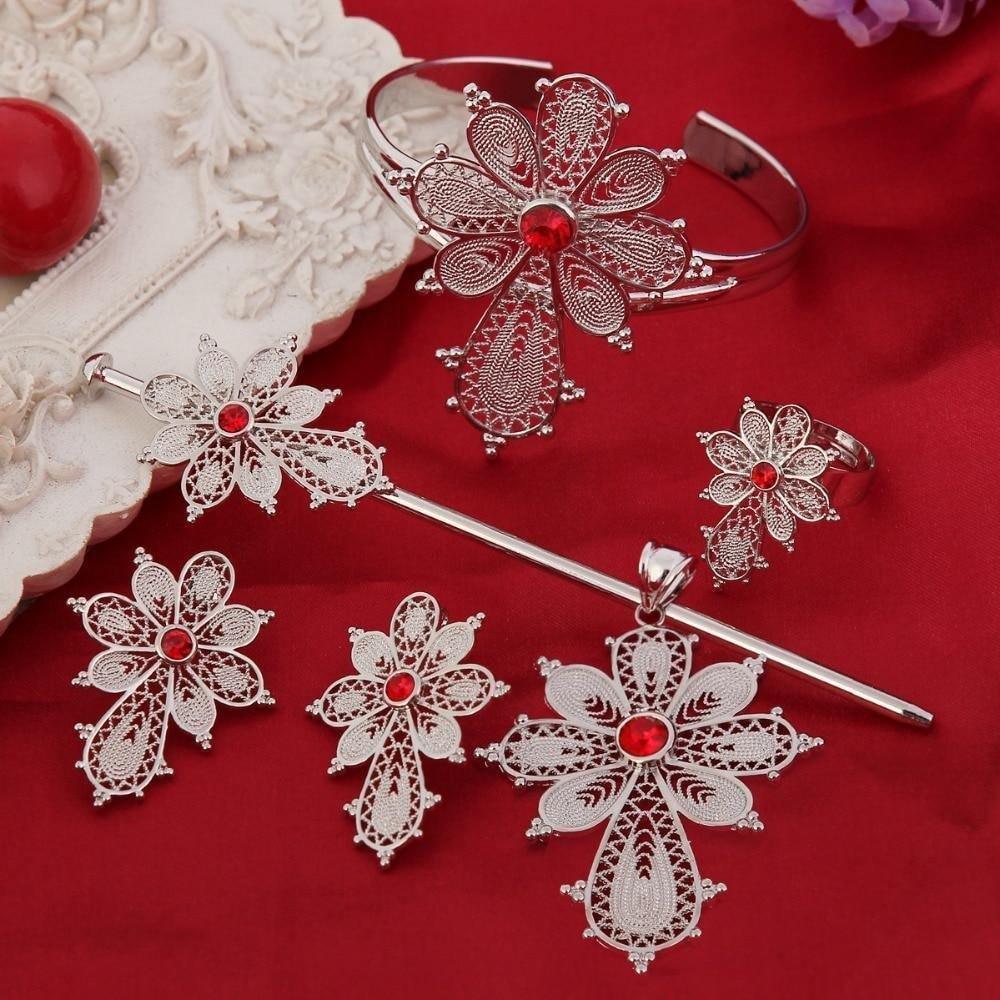 Ethiopian Chain Cross Silver Blue Red Stone Jewellry Set With Hairpin White Gold Color Habesha Jewelry Sets - Natna Shop