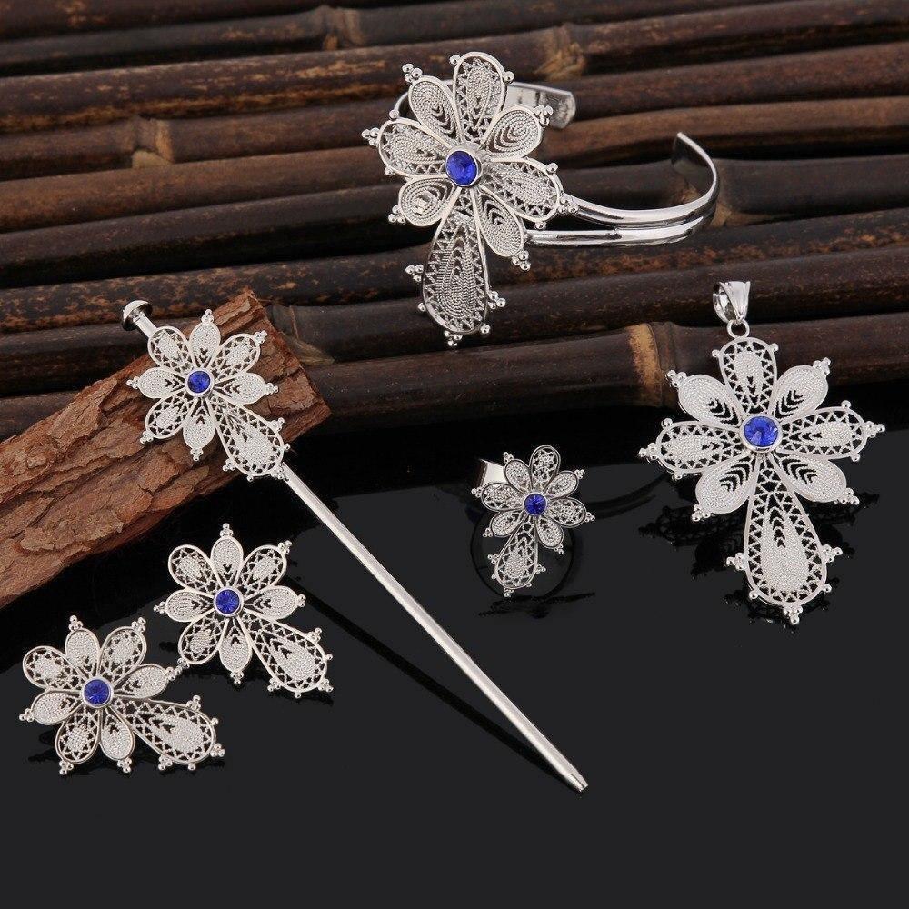 Ethiopian Chain Cross Silver Blue Red Stone Jewellry Set With Hairpin White Gold Color Habesha Jewelry Sets - Natna Shop
