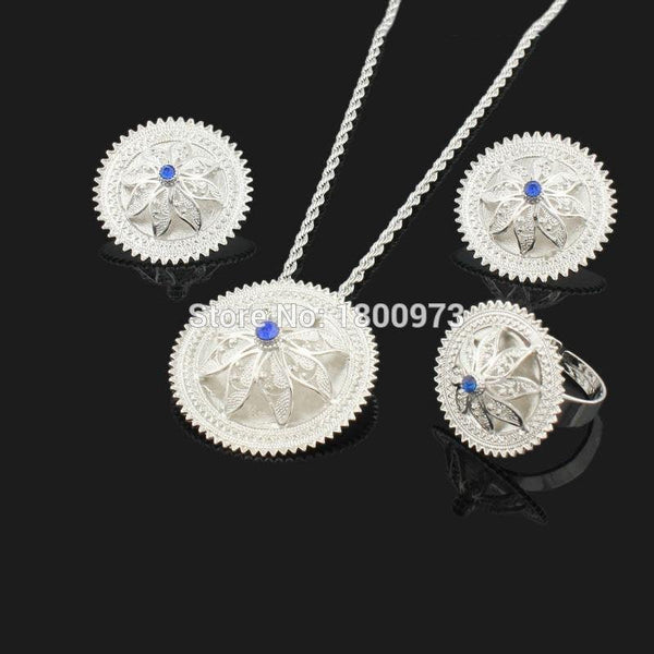 Ethiopian Crystal Pendant/Earrings/Ring/Necklace Jewelry Silver Plated Habesha Jewelry African 4PCS Wedding Jewelry Sets