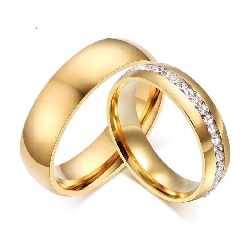 Gold color Stainless Steel Wedding Bands Shiny Crystal Ring for Female Male Jewelry 6mm Engagement Ring USA Size 5-13 - Natna Shop