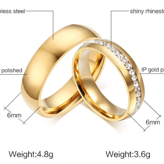 Gold color Stainless Steel Wedding Bands Shiny Crystal Ring for Female Male Jewelry 6mm Engagement Ring USA Size 5-13 - Natna Shop