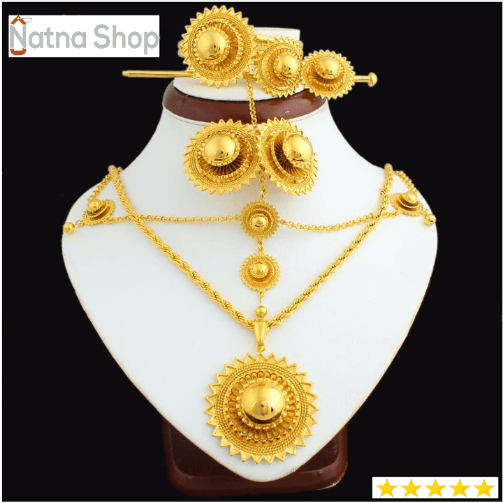 Ethiopian Gold Jewelry Set - 24K Gold Plated Pendant Necklace, Earrings, Bangle & Ring, Habesha Eritrean Style - View #6