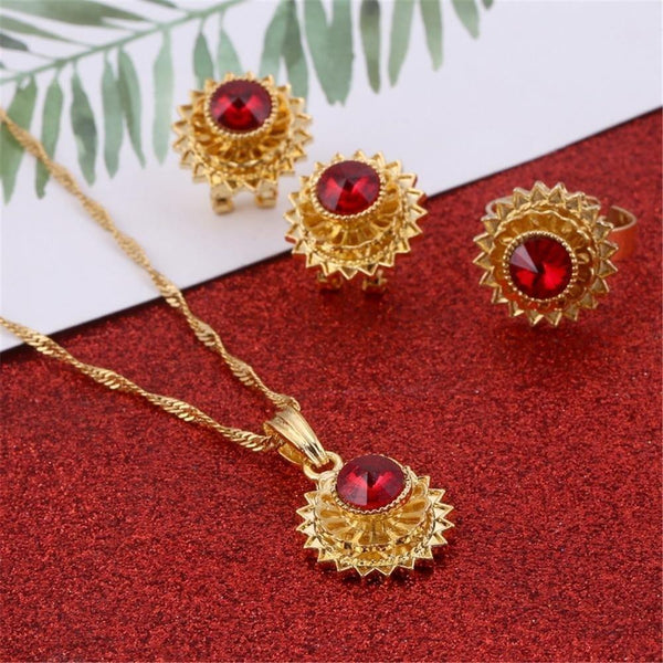 Jewelry Set Gold Color Crystal Necklace Pendant Earrings Ring Middle Easter Habesha Wedding Set