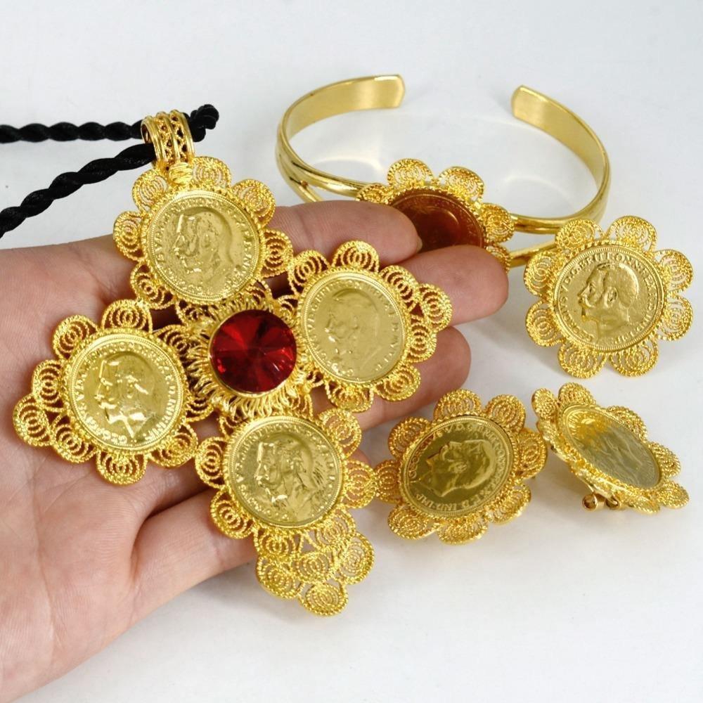 Jewelry sets Gold Color Big Coin Cross Pendant/Rope/Earrings/Ring/Bangle Habesha African Wedding - Natna Shop