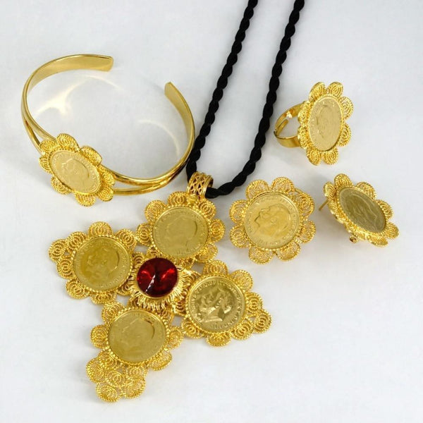 Jewelry sets Gold Color Big Coin Cross Pendant/Rope/Earrings/Ring/Bangle Habesha African Wedding