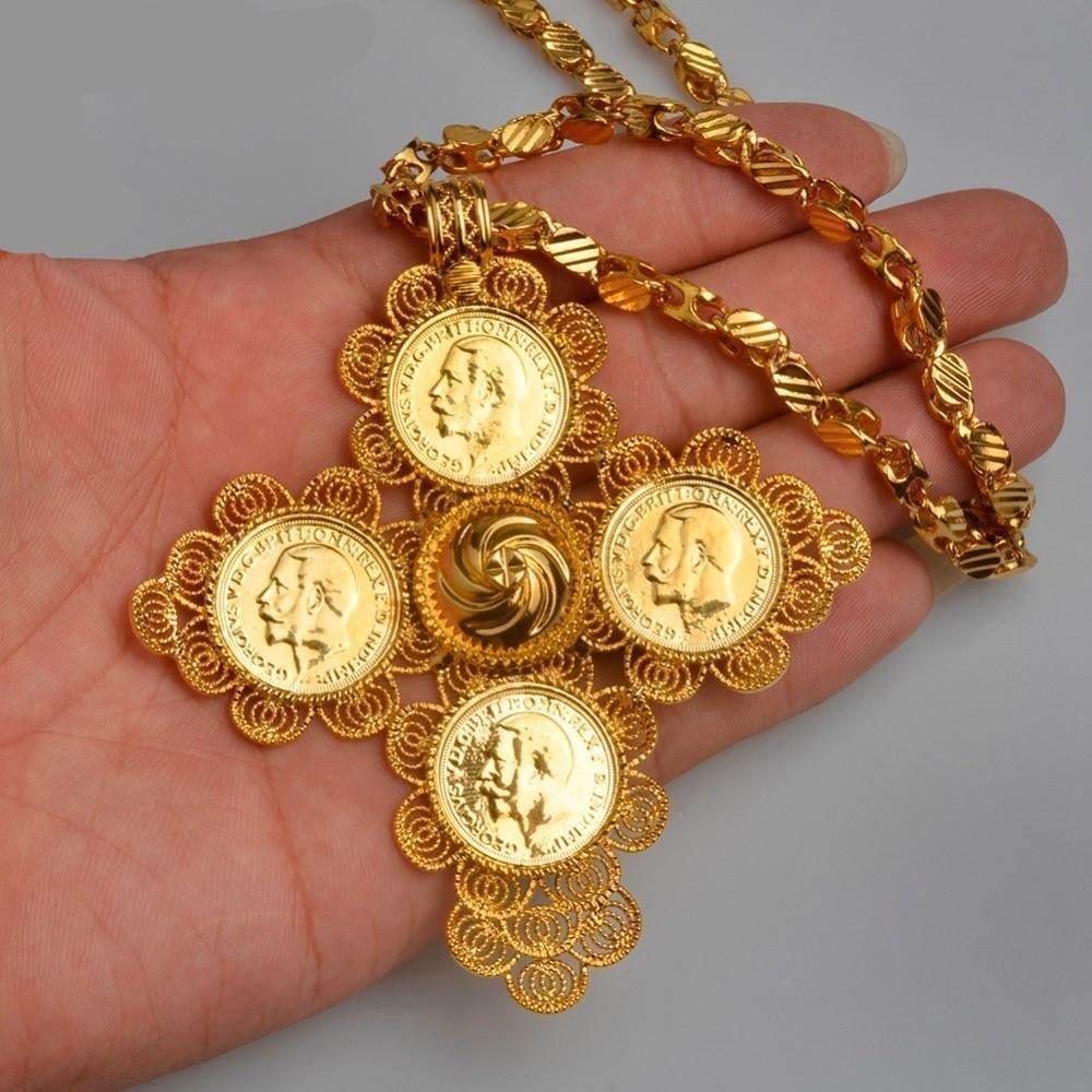 Ethiopian Big Cross Pendant & 53cm/83cm Thick Necklace for Women/Men Gold Color Jewelry AfricanTraditional Style - Natna Shop