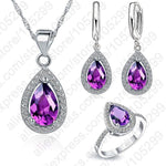 Purple Jewelry Sets Water Drop Cubic Zirconia CZ Stone 925 Sterling Silver Earrings Necklaces Finger Rings - Natna Shop
