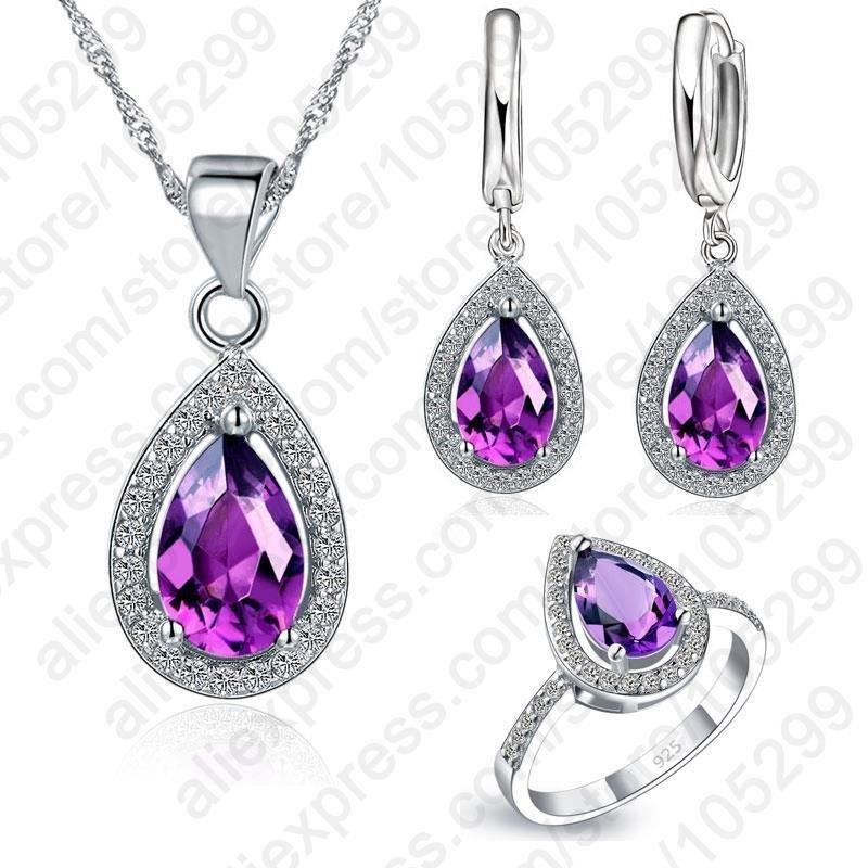 Purple Jewelry Sets Water Drop Cubic Zirconia CZ Stone 925 Sterling Silver Earrings Necklaces Finger Rings - Natna Shop