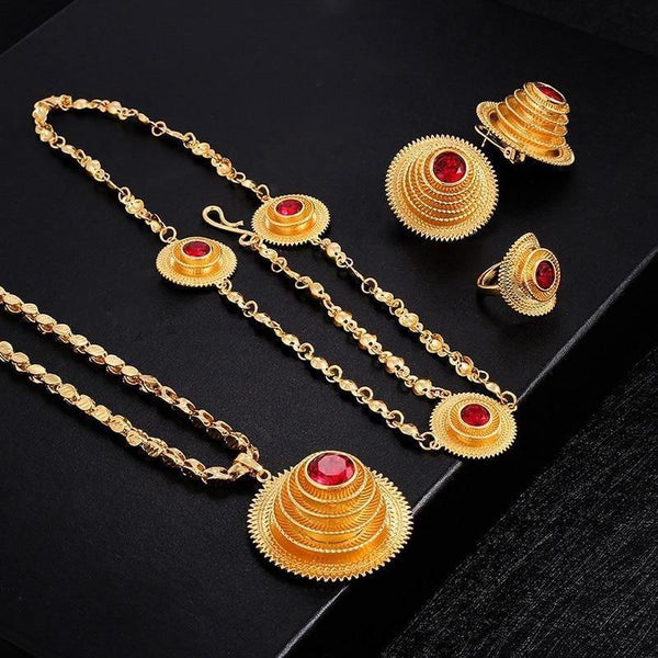 Natnashop Jewelry Set Beauty Africa/the Middle East/Ethiopia Wedding for Women Luxury Necklace/Earrings/Ring/Headwear Crystal Gold