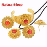 Habesha Gold Plated Wedding Jewelry sets Red Stone,Necklace Bracelet Earrings Ring African Eritrean Habesha - Natna Shop