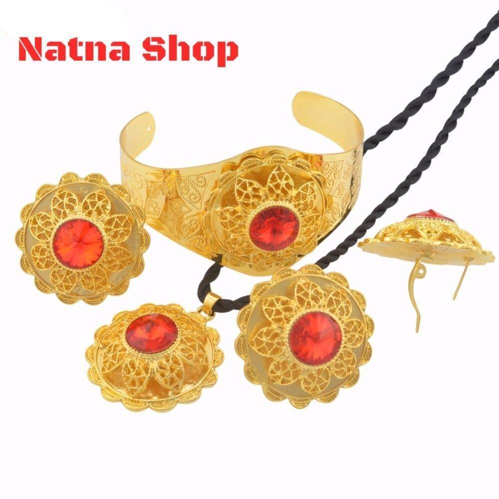 Habesha Gold Plated Wedding Jewelry sets Red Stone,Necklace Bracelet Earrings Ring African Eritrean Habesha - Natna Shop