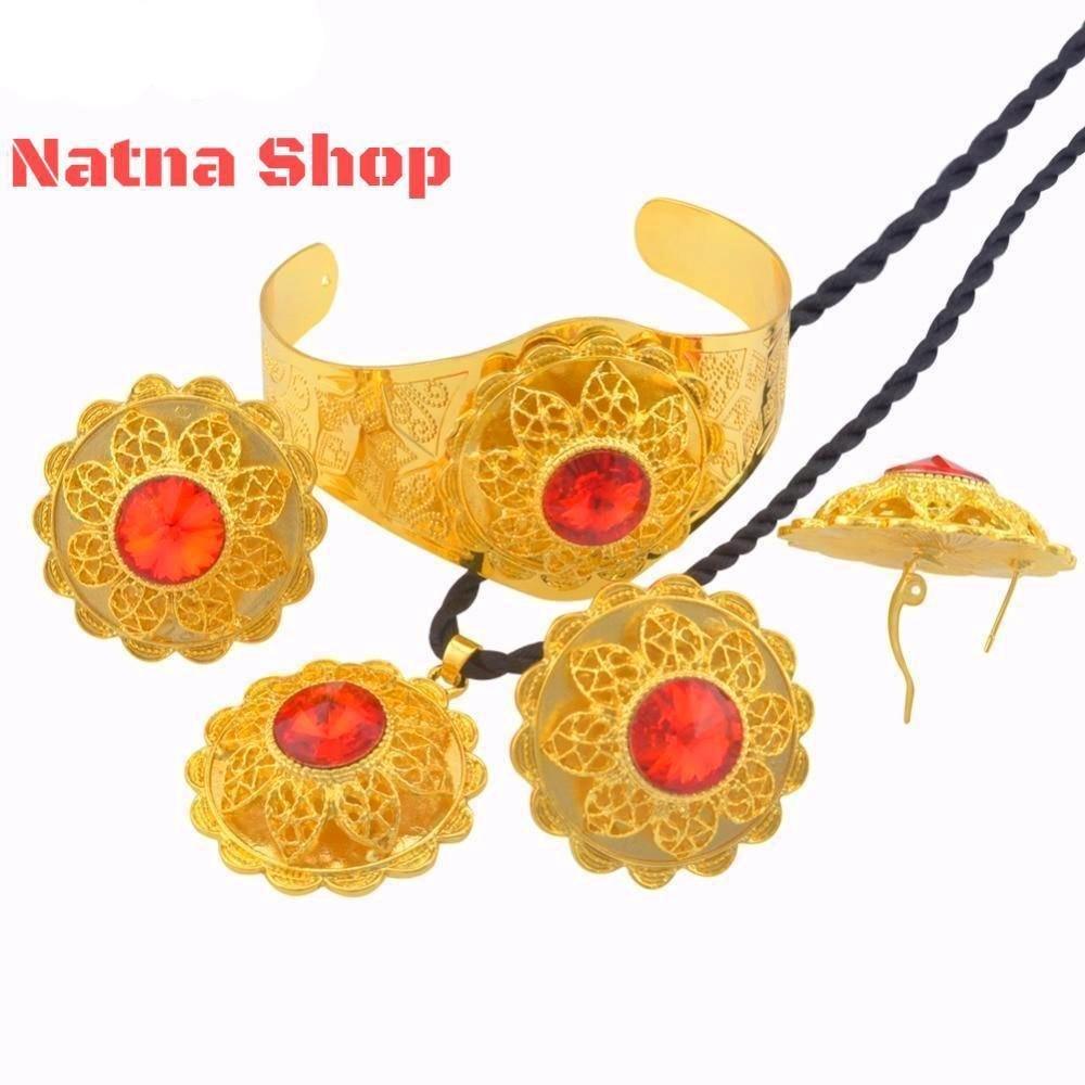 Habesha Gold Plated Wedding Jewelry sets Red Stone,Necklace Bracelet Earrings Ring African Eritrean Habesha - Natna Shop