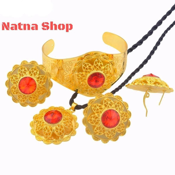 Habesha Gold Plated Wedding Jewelry sets Red Stone,Necklace Bracelet Earrings Ring African Eritrean Habesha