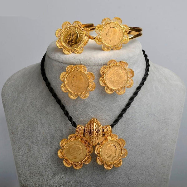 Ethiopian Coin Jewelry set Pendant Rope/Earrings/Bangle/Ring Set Gold Color Habesha Jewelry sets,Africa Wedding