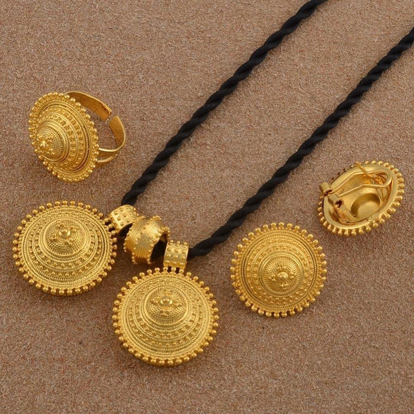 Ethiopian set Jewelry Pendant Rope Earring Ring Gold Color Eritrea Africa Wedding Engagement sets Habesha