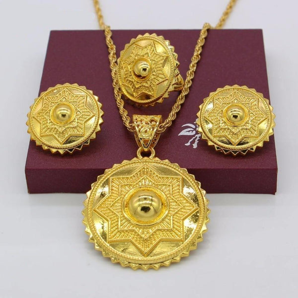 Gold Color Jewelry Set African Wedding Round Pendant/Earring/Ring/Necklace Eritrean/Arabic Gifts