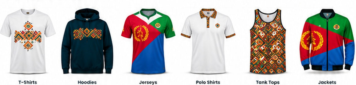 Illustrative apparel options including custom T-shirts, hoodies, jerseys, polos and jackets